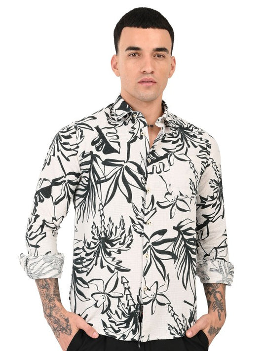 Men’s Black & Off-White Slim Fit Floral Printed Pure Cotton Casual Shirt