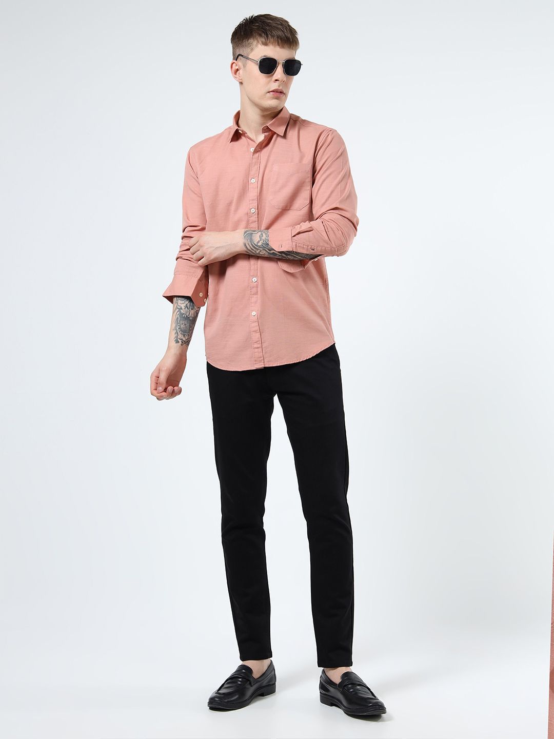 Men Peach Slim Fit Cotton-Flax Casual Shirt with Spread Collar