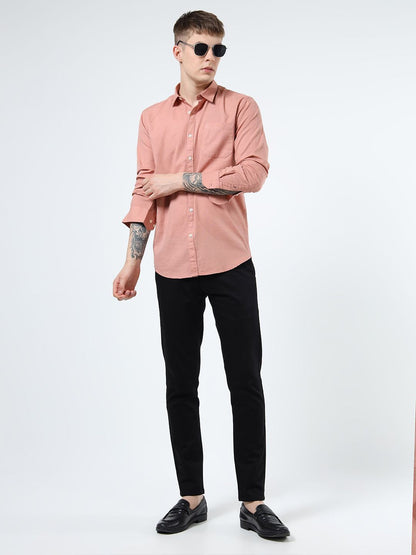 Men Peach Slim Fit Cotton-Flax Casual Shirt with Spread Collar