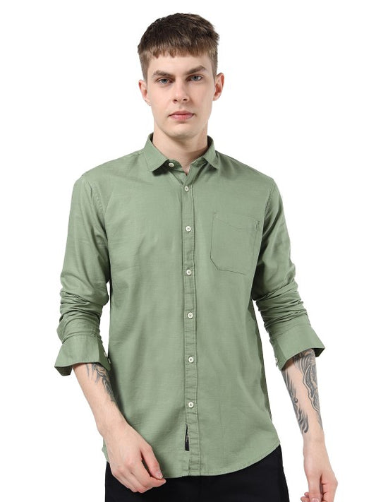 Men Green Slim Fit Pure Cotton Casual Shirt with Spread Collar