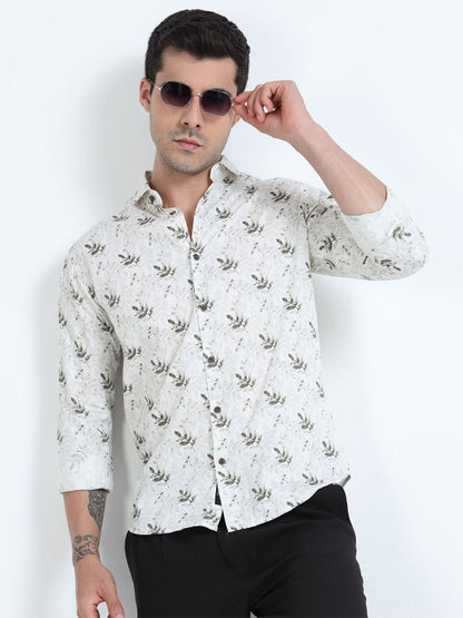 Men’s White & Green Floral Printed Pure Cotton Casual Shirt