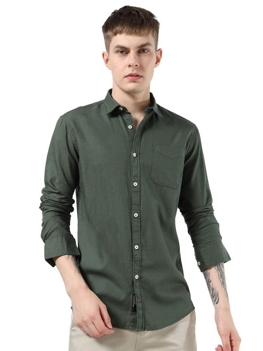 Men’s Green India Slim Fit Solid Pure Cotton Casual Shirt