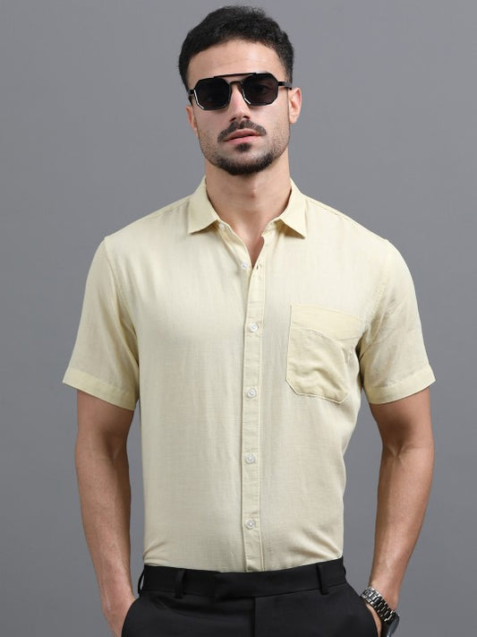 Men Yellow Slim Fit Linen Cotton Spread Collar Casual Shirt