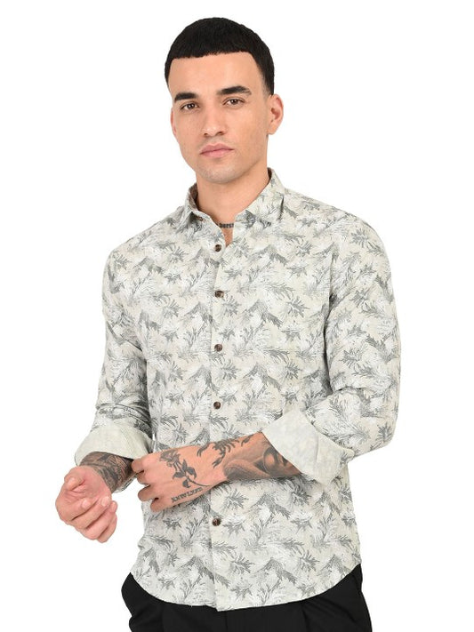 Men’s Grey & Green Abstract Printed Slim Fit Pure Cotton Casual Shirt