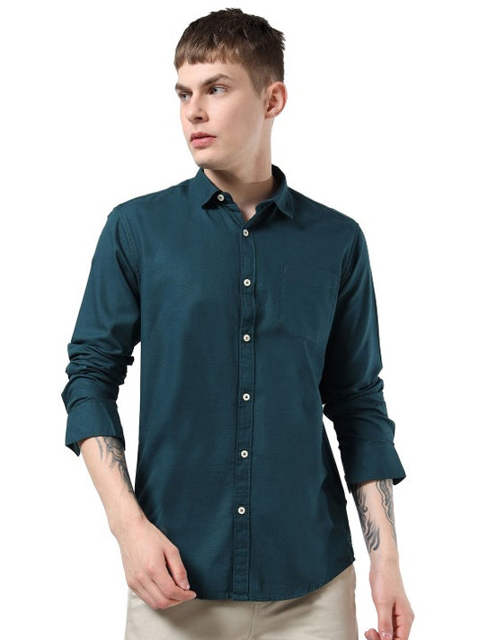 Men Teal India Slim Fit Solid Pure Cotton Casual Shirt