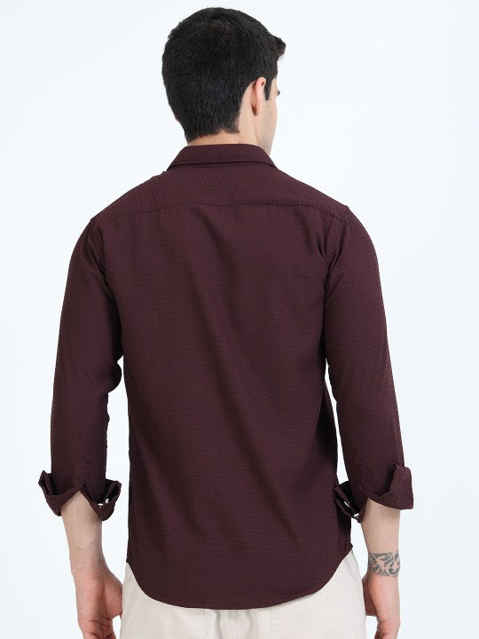 Maroon Textured Slim Fit Cotton Casual Shirt for Men