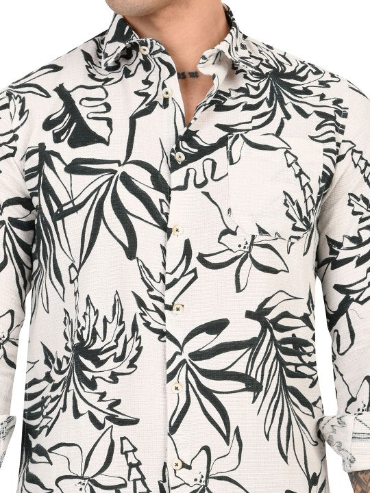 Men’s Black & Off-White Slim Fit Floral Printed Pure Cotton Casual Shirt