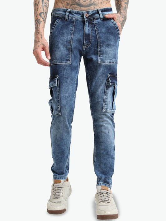 Men’s Blue Slim Fit Stretch Cargo Pants – 6 Pockets, Mid-Rise, Flat-Front