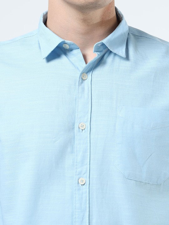 Men Blue Slim Fit Pure Cotton Casual Shirt with Spread Collar