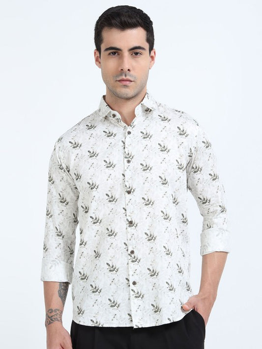 Men’s White & Green Floral Printed Pure Cotton Casual Shirt
