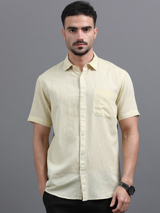 Men Yellow Slim Fit Linen Cotton Spread Collar Casual Shirt