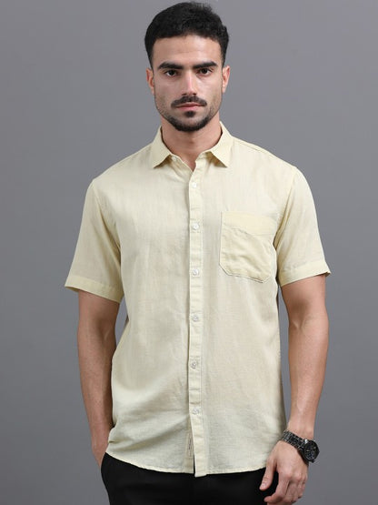 Men Yellow Slim Fit Linen Cotton Spread Collar Casual Shirt