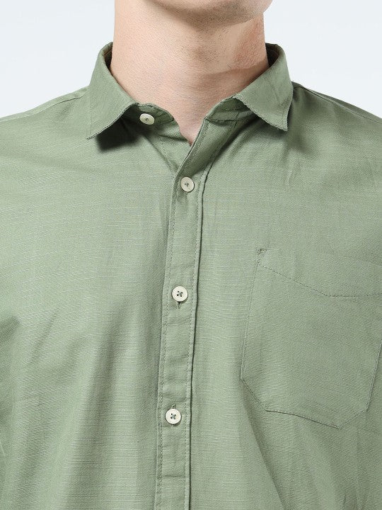 Men Green Slim Fit Pure Cotton Casual Shirt with Spread Collar