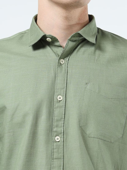 Men Green Slim Fit Pure Cotton Casual Shirt with Spread Collar