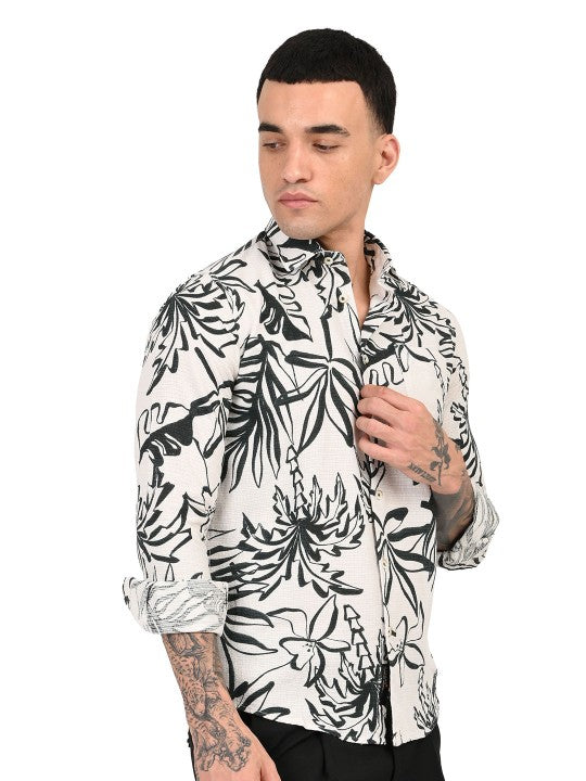 Men’s Black & Off-White Slim Fit Floral Printed Pure Cotton Casual Shirt