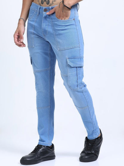 Men Blue Slim Fit Woven Cargo Jeans