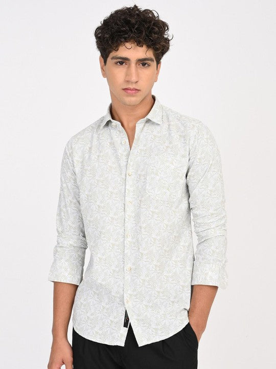 Men Classic Fit Floral Printed Spread Collar Cotton Shirt - White & Blue