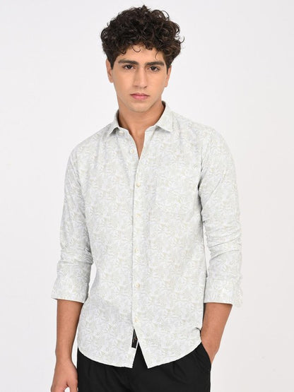 Men Classic Fit Floral Printed Spread Collar Cotton Shirt - White & Blue