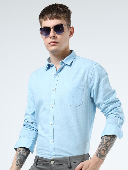 Men Blue Slim Fit Pure Cotton Casual Shirt with Spread Collar