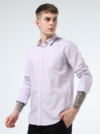 Men Purple Slim Fit Pure Cotton Casual Shirt with Spread Collar
