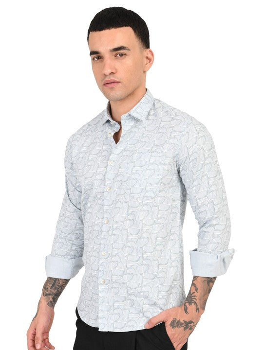 Men Blue & White Floral Printed Slim Fit Pure Cotton Casual Shirt