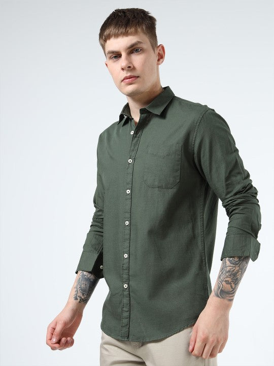 Men’s Green India Slim Fit Solid Pure Cotton Casual Shirt