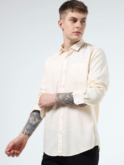 Men Yellow Slim Fit Pure Cotton Casual Shirt with Spread Collar