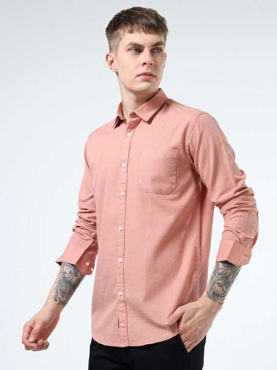 Men Peach Slim Fit Cotton-Flax Casual Shirt with Spread Collar