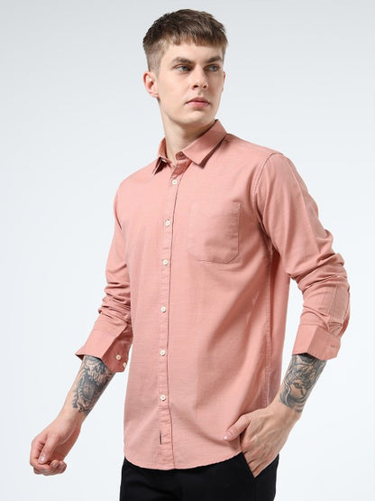 Men Peach Slim Fit Cotton-Flax Casual Shirt with Spread Collar