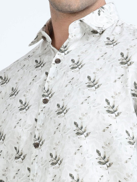 Men’s White & Green Floral Printed Pure Cotton Casual Shirt