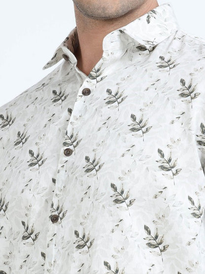 Men’s White & Green Floral Printed Pure Cotton Casual Shirt