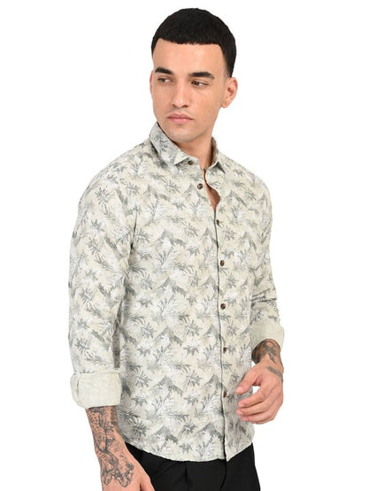 Men’s Grey & Green Abstract Printed Slim Fit Pure Cotton Casual Shirt