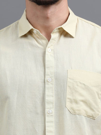 Men Yellow Slim Fit Linen Cotton Spread Collar Casual Shirt