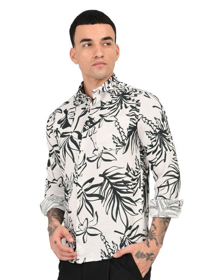 Men’s Black & Off-White Slim Fit Floral Printed Pure Cotton Casual Shirt