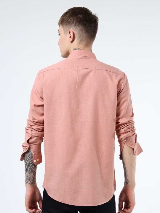 Men Peach Slim Fit Cotton-Flax Casual Shirt with Spread Collar