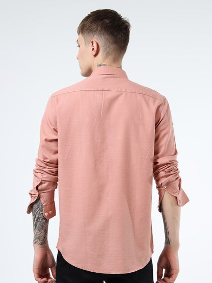 Men Peach Slim Fit Cotton-Flax Casual Shirt with Spread Collar
