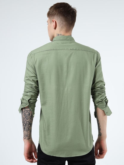 Men Green Slim Fit Pure Cotton Casual Shirt with Spread Collar