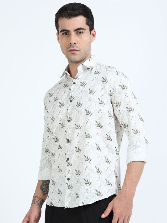 Men’s White & Green Floral Printed Pure Cotton Casual Shirt