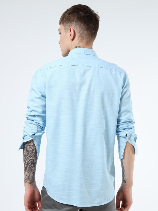 Men Blue Slim Fit Pure Cotton Casual Shirt with Spread Collar