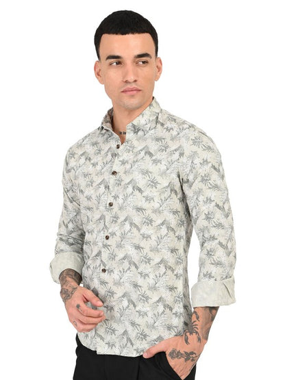 Men’s Grey & Green Abstract Printed Slim Fit Pure Cotton Casual Shirt