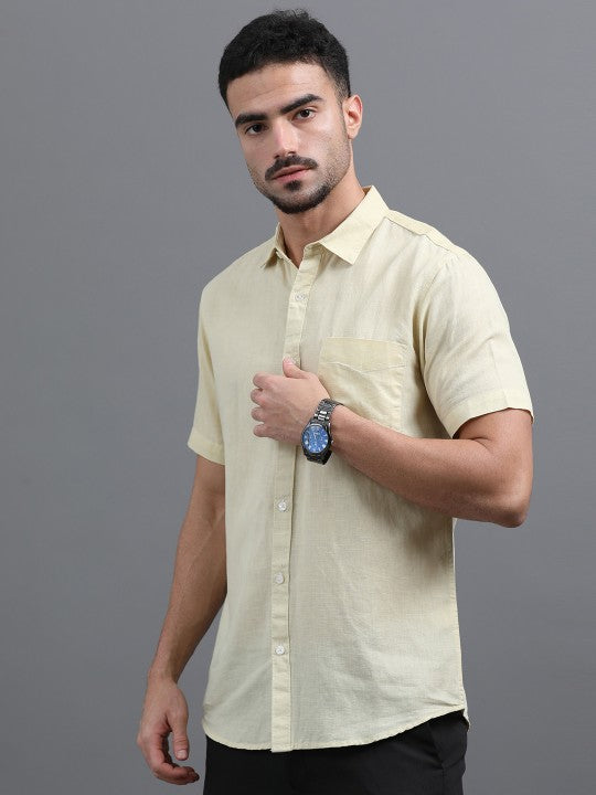Men Yellow Slim Fit Linen Cotton Spread Collar Casual Shirt