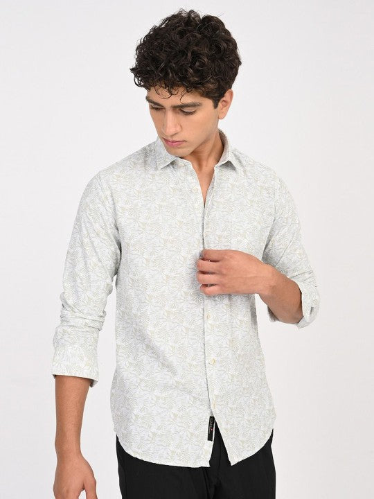 Men Classic Fit Floral Printed Spread Collar Cotton Shirt - White & Blue
