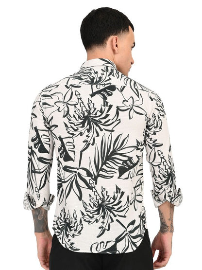 Men’s Black & Off-White Slim Fit Floral Printed Pure Cotton Casual Shirt
