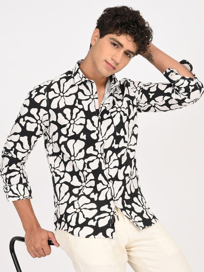 Men Black & White Abstract Printed Slim Fit Cotton Casual Shirt