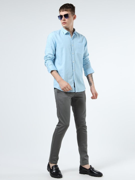 Men Blue Slim Fit Pure Cotton Casual Shirt with Spread Collar