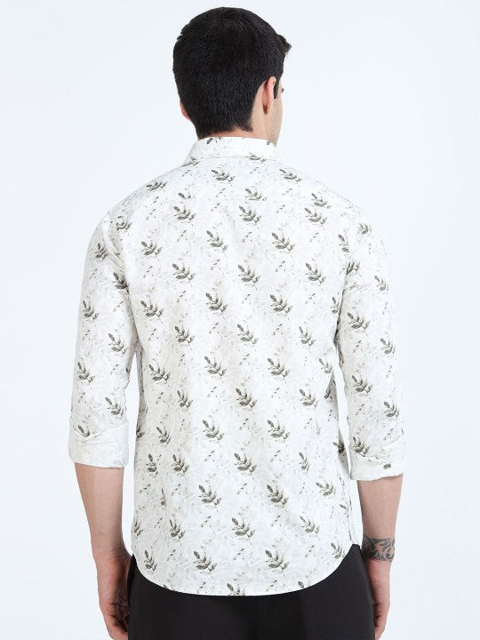 Men’s White & Green Floral Printed Pure Cotton Casual Shirt