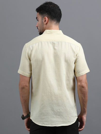 Men Yellow Slim Fit Linen Cotton Spread Collar Casual Shirt