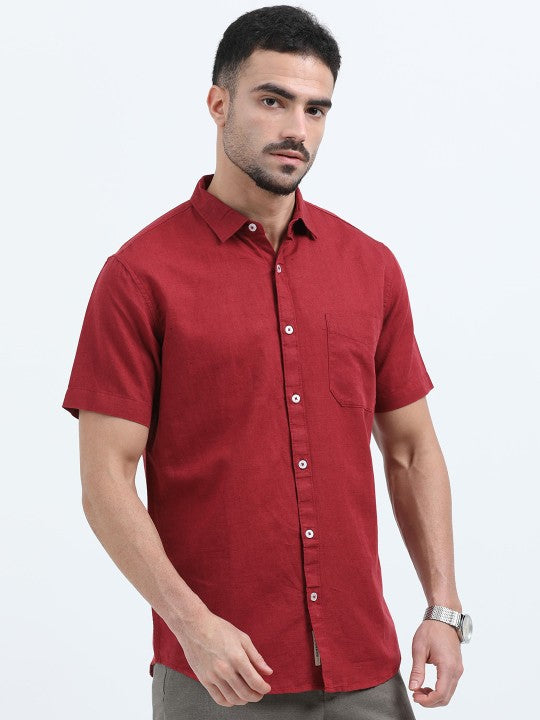 Men Red Slim Fit Linen Cotton Casual Shirt