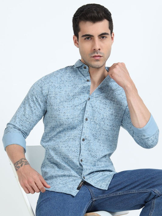 Men Blue Floral Printed Spread Collar Pure Cotton Shirt - Regular Fit
