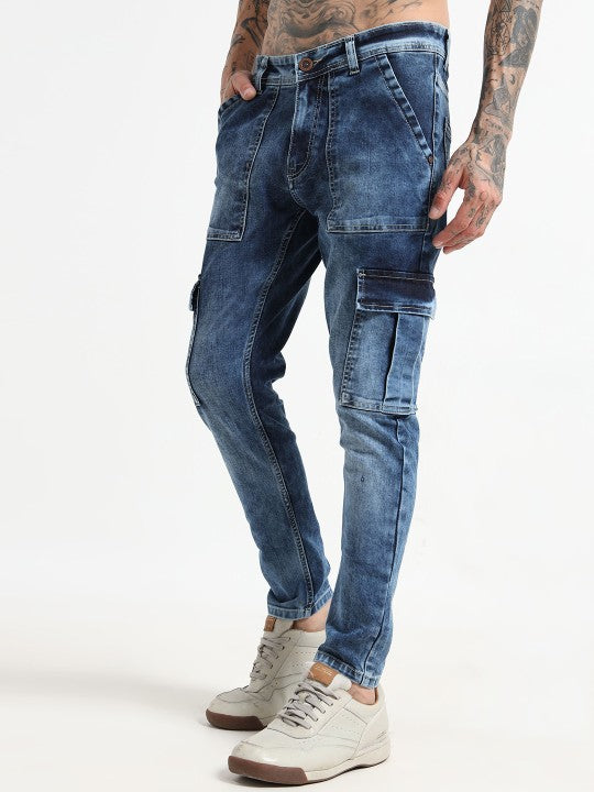 Men’s Blue Slim Fit Stretch Cargo Pants – 6 Pockets, Mid-Rise, Flat-Front